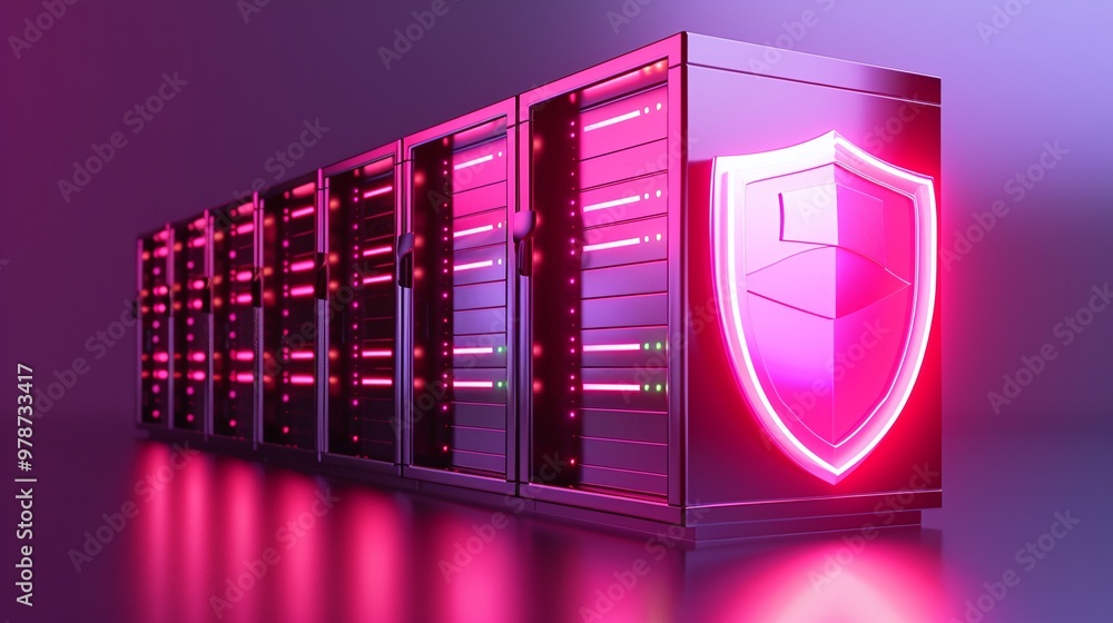 Poster futuristic server rack with glowing shield, symbolizing cybersecurity and data protection in a vibra