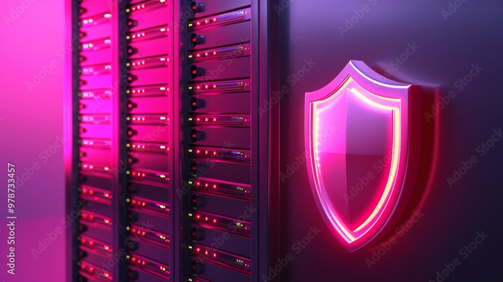 Poster futuristic server rack with illuminated shield symbolizing cybersecurity and data protection in a di