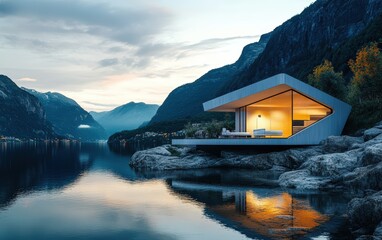 Fototapeta premium House in norway among mountains and fjords. Sunny day futuristic and hi-tech design of a small modern house. advertising photo. 