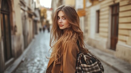 Fototapeta premium A beautiful Croatian girl in a fashionable outfit, walking along the ancient streets of Zagreb's Upper Town