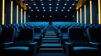 Fototapeta premium A modern cinema hall with empty blue seats illuminated by bright lights, showcasing a captivating and immersive movie experience.