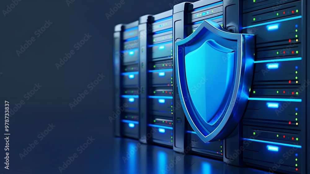 Aufkleber futuristic server room with blue shield symbolizing cybersecurity and data protection in a digital e