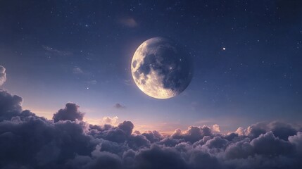 A moon with clouds drifting by, representing a partly cloudy night sky, in a soft, calming design.