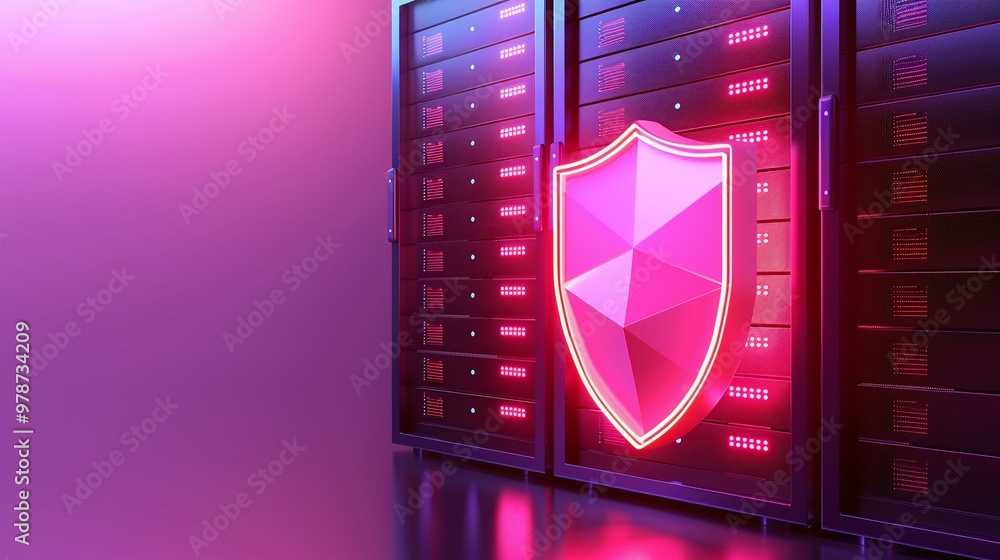 Poster futuristic server room with glowing shield symbolizing data security and protection in technology.