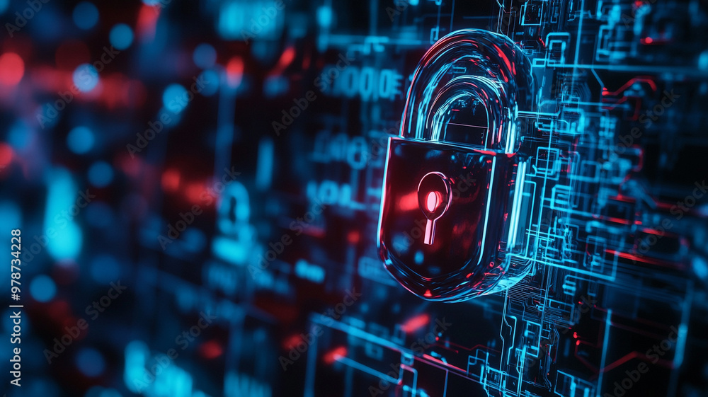 Poster digital lock symbolizing cybersecurity in a futuristic landscape of technology and data flow