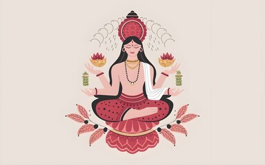 Hindu goddess illustration sitting in lotus position, traditional red and gold outfit, large headdress with intricate patterns, long black hair, multiple necklaces and earrings, serene expression, hol