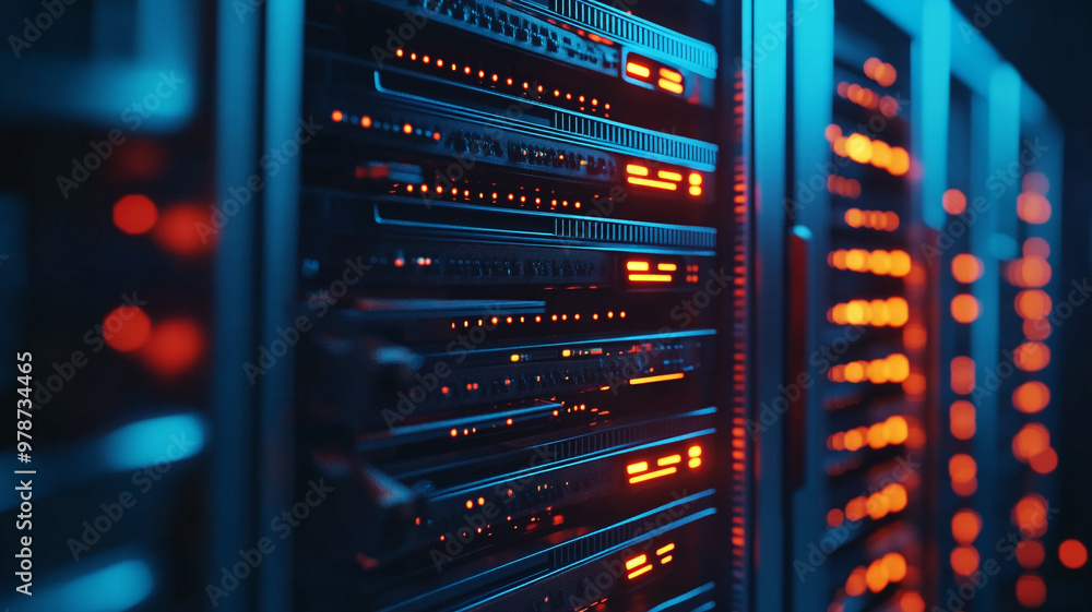Aufkleber data center with illuminated server racks showcasing network activity at night