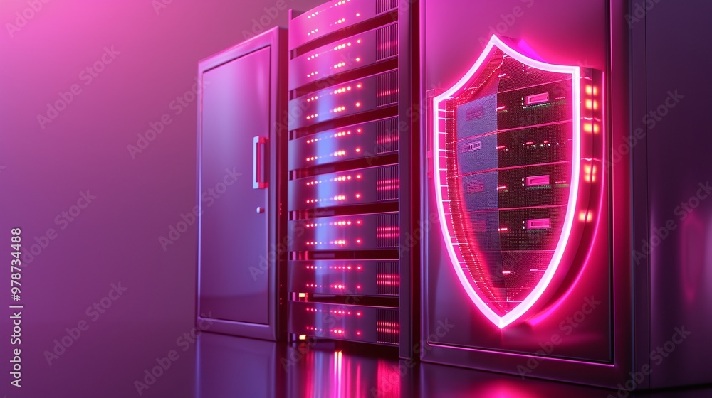Poster futuristic server room with neon pink lighting and shield symbol, representing data security and mod
