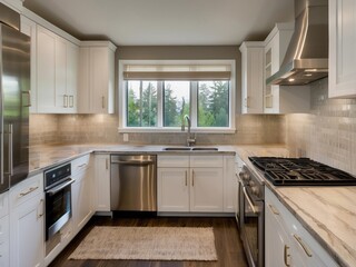 Fototapeta premium Modern Kitchen with White Cabinets and Stainless Steel Appliances