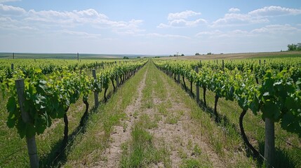 Obraz premium The vineyards of Purcari Estate in Moldova, with rows of grapevines stretching into the horizon.