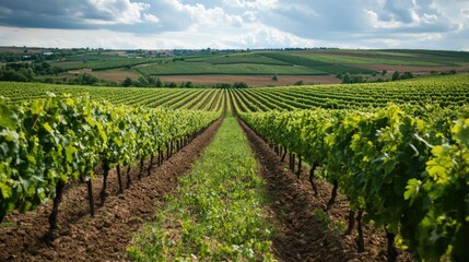 The vineyards of Purcari Estate in Moldova, with rows of grapevines stretching into the horizon.