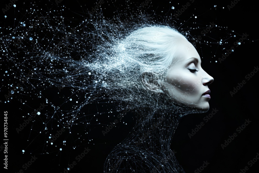 Poster abstract profile of elderly woman with particles disintegrating from her face symbolizing memory los
