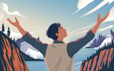Young man standing on top of mountain with arms stretched wide wearing beige vest with dark hair cartoon style bright landscape with mountains trees and lake sun shining blue sky with white clouds