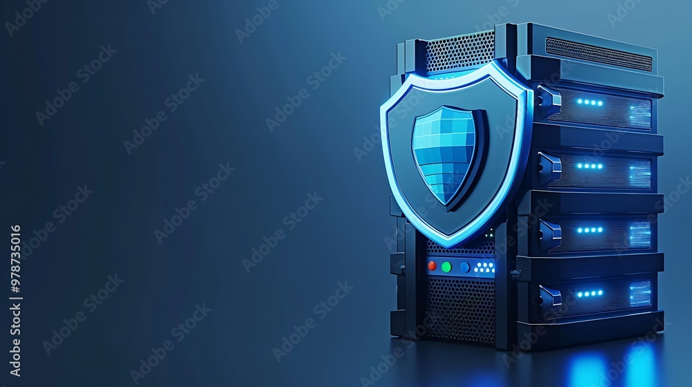 Poster futuristic server with a digital shield, representing enhanced cybersecurity and data protection in 