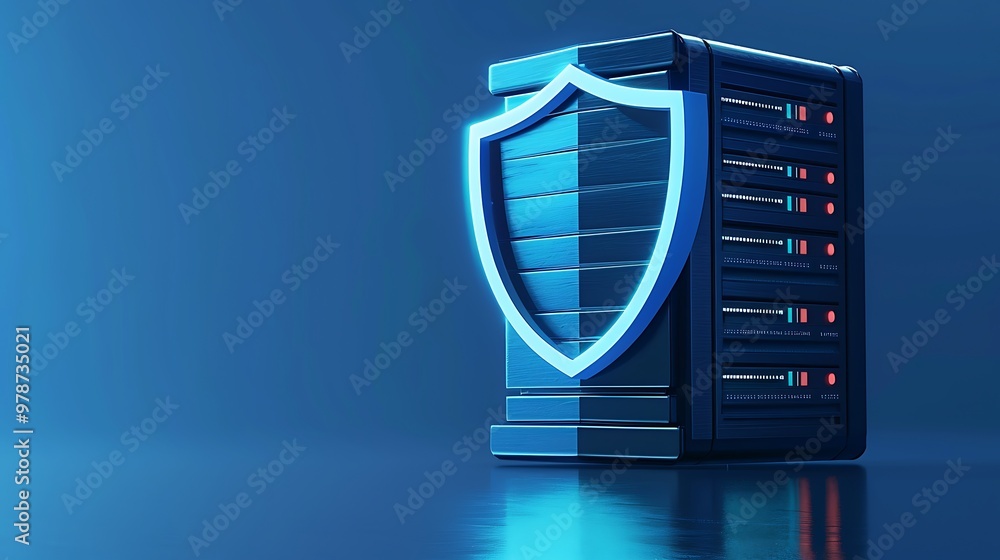 Poster futuristic server with a digital shield icon, representing data security and protection in a tech-sa