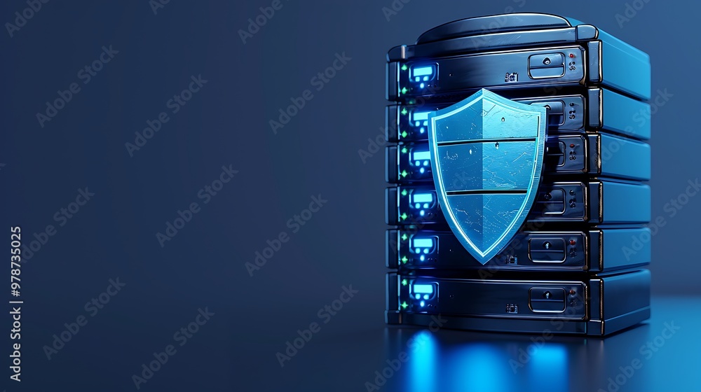 Poster futuristic server with a digital shield, symbolizing strong data protection and cybersecurity in a m