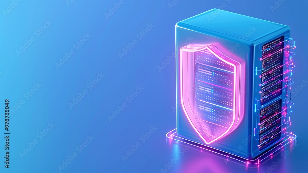 Poster futuristic server with a glowing security shield, symbolizing data protection in a digital age.