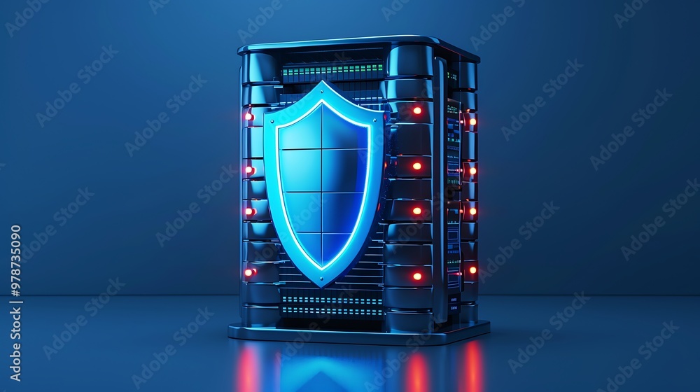 Poster futuristic server with a glowing shield, symbolizing advanced cybersecurity and data protection in a
