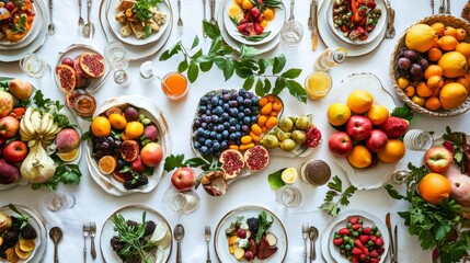 Abundant and wholesome edibles arranged on a pristine white table, capturing a bird's-eye view.