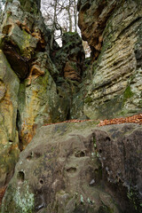 Devil Gorge at the Eifel, Teufelsschlucht with mighty boulders and canyon, hiking trail in Germany, sandstone rock formation, autumn 