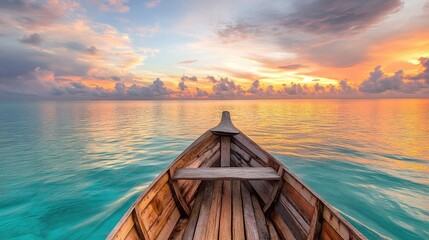 Traditional Maldivian dhoni boat sailing into the sunset, surrounded by calm turquoise waters.