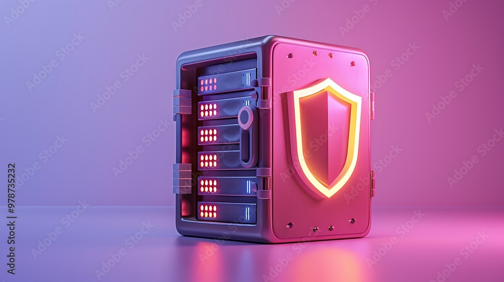 Poster futuristic server with a glowing shield symbol, representing data security and protection in a moder