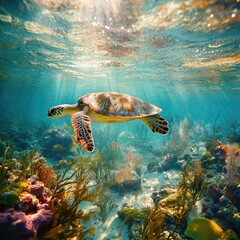 Obraz premium Underwater nature shot showcasing vibrant marine life, plants swaying in the currents with a turtle gliding by