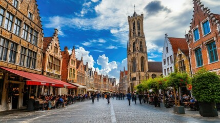 Naklejka premium View of the historic Belfry Tower in Bruges with tourists walking around the square.