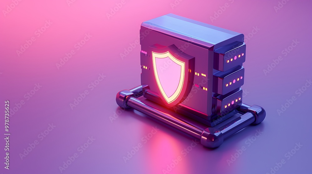 Poster futuristic server with a glowing shield symbol, representing data protection and cybersecurity techn