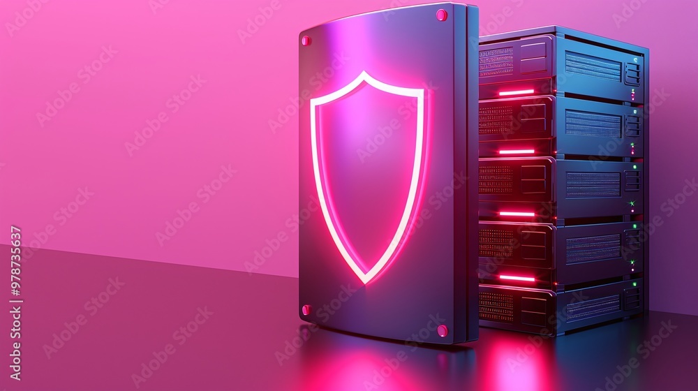 Poster futuristic server with a glowing shield symbol, emphasizing data protection and cybersecurity techno