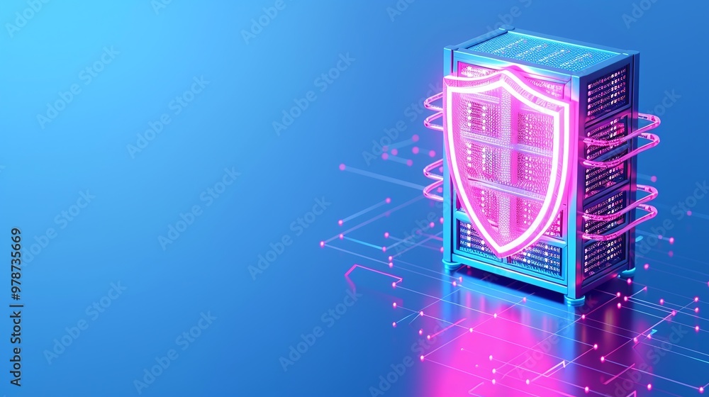 Poster futuristic server with a glowing shield symbolizing cyber security and data protection in a digital 