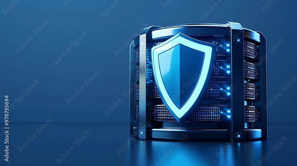 Poster futuristic server with a glowing shield symbolizing cybersecurity and protection in a digital enviro