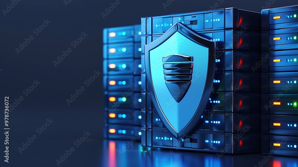 Poster futuristic server with a security shield symbolizing data protection and cybersecurity in a digital 