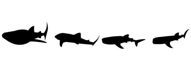 Whale shark silhouette set collection. isolated black on white background. sea, animal. vector illustration.
