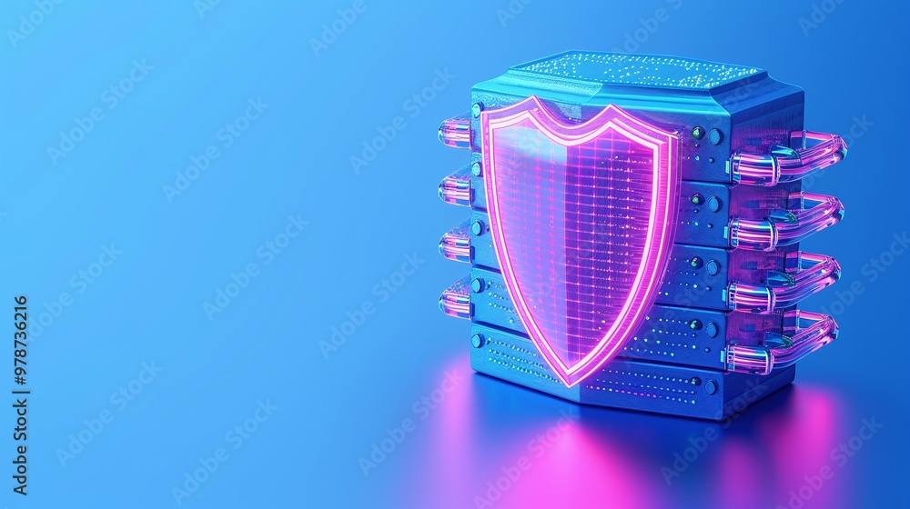 Poster futuristic server with a shield symbol glowing in neon lights, representing data protection and cybe