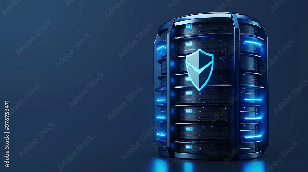 Poster futuristic server with blue lights and protective shield logo, symbolizing data security and technol