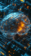 digital brain abstract with orange and blue glow on circuit board background