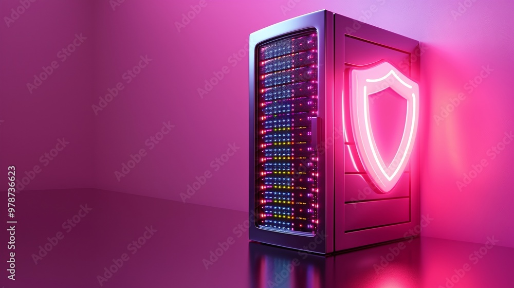 Poster futuristic server with colored lights and neon shield symbolizing data security and protection in a 