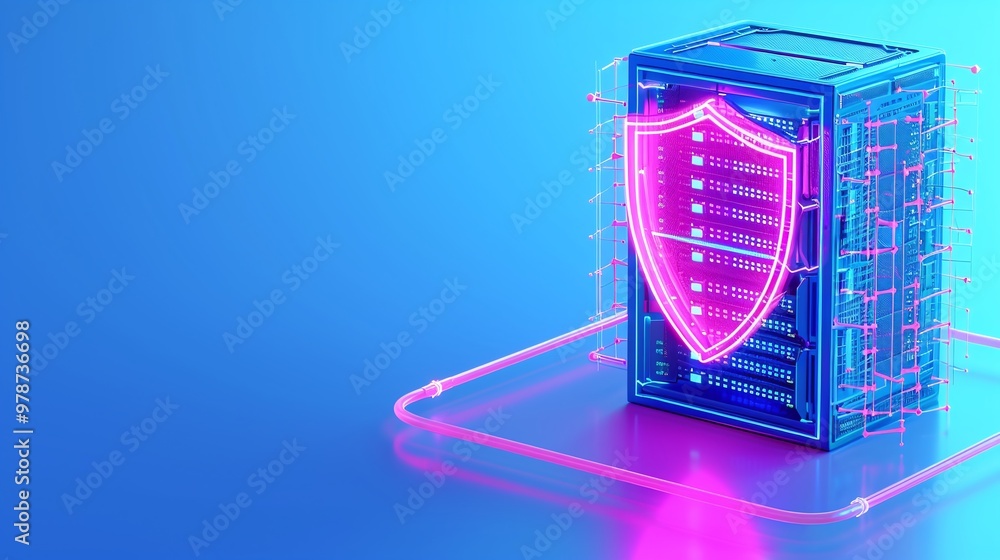 Poster futuristic server with digital shield, representing data security and technology advancements in a v