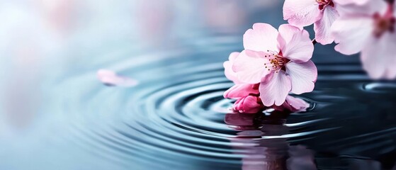A serene image of pink cherry blossom petals floating on calm water, creating peaceful ripples and a tranquil atmosphere.