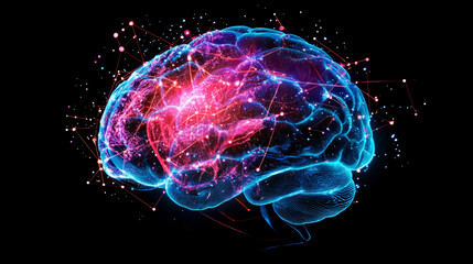 abstract digital brain with neon lights and glowing connections - blue and red - dark background - ai - technology - future - innovation - neuroscience