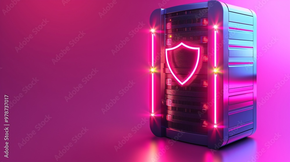 Poster futuristic server with glowing shield design, representing data protection and cybersecurity in a vi