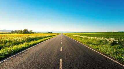 A serene landscape featuring a long, empty road stretching through vibrant fields under a clear blue sky.