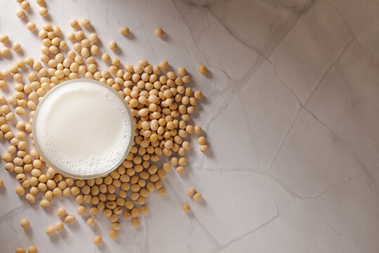 Top shot of fresh soy milk in a glass surrounded by scattered soybeans on marble background. 
