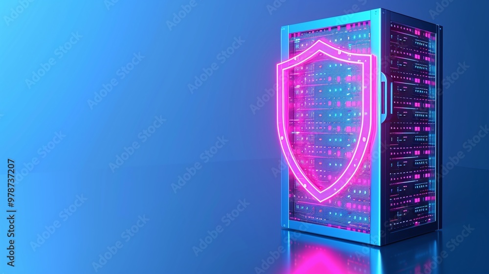 Poster futuristic server with glowing shield, representing data security and protection in a digital enviro