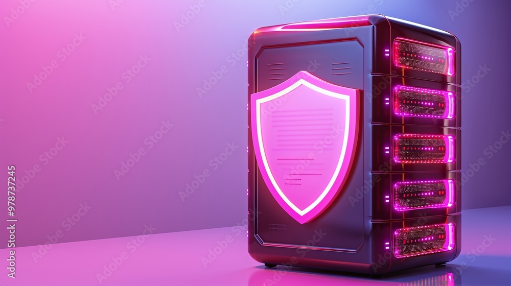 Poster futuristic server with glowing shield symbol, representing advanced security and technology in data 