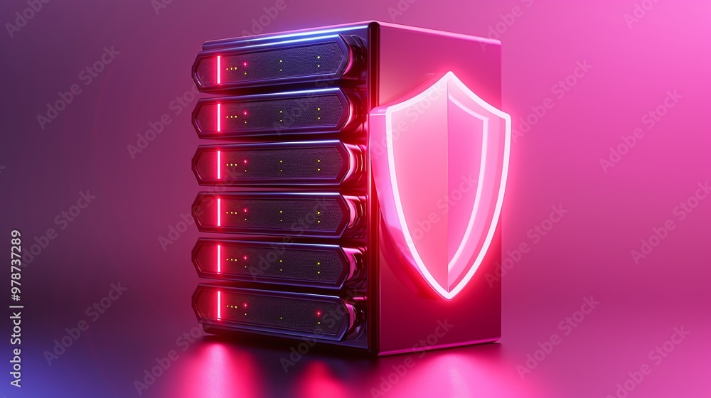 Poster futuristic server with glowing shield symbol, representing data security and protection in a digital