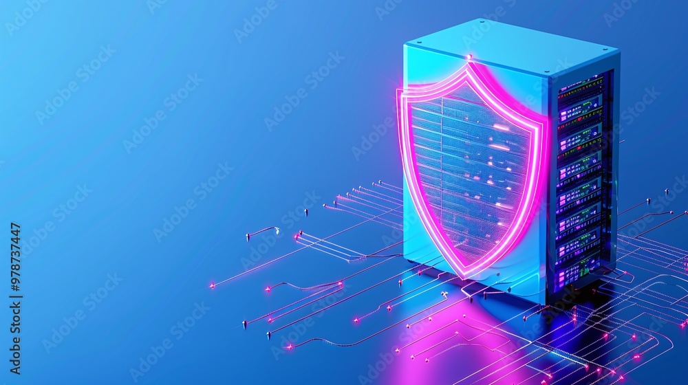 Poster futuristic server with glowing shield, representing data protection and cybersecurity concepts in a 