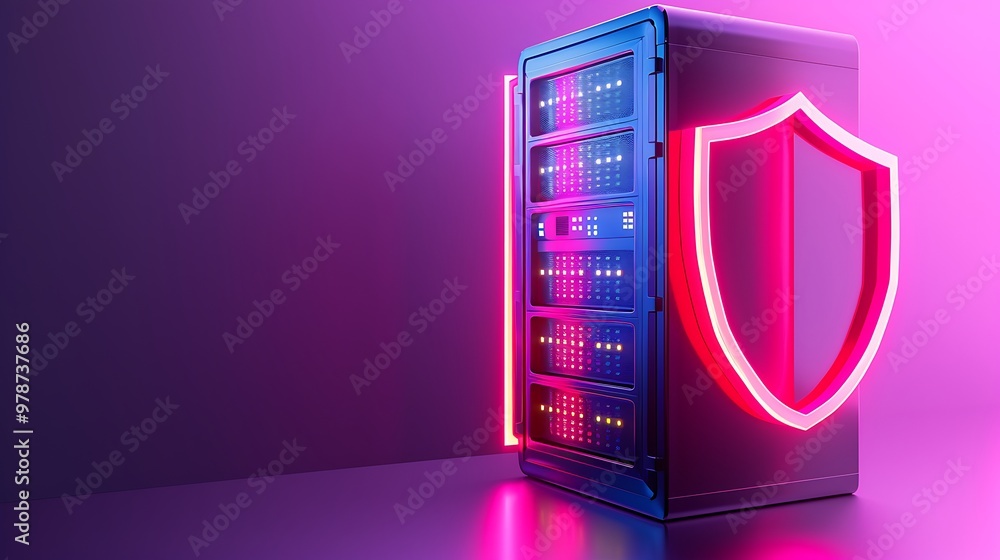 Poster futuristic server with neon lights and shield icon, symbolizing data protection and cybersecurity in