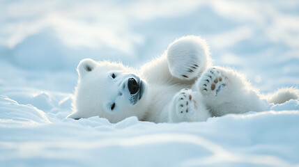 cute polar bear cub playing in snow, arctic wildlife, white fur, baby animal, winter wonderland